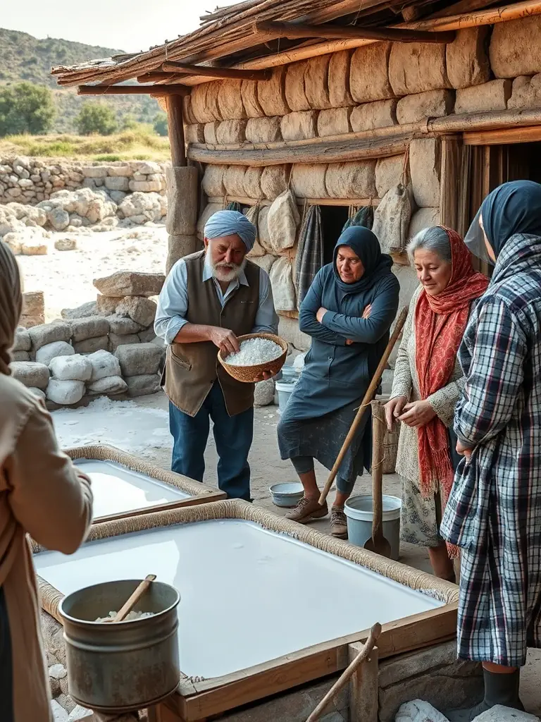 A workshop participant learning traditional salt harvesting techniques from a local expert, emphasizing the cultural heritage aspect.