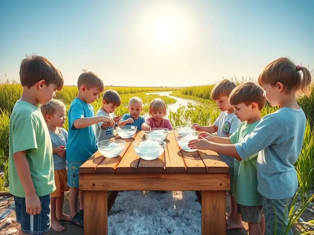 A group of children and adults participating in a hands-on salt-making workshop in a scenic salt marsh setting.