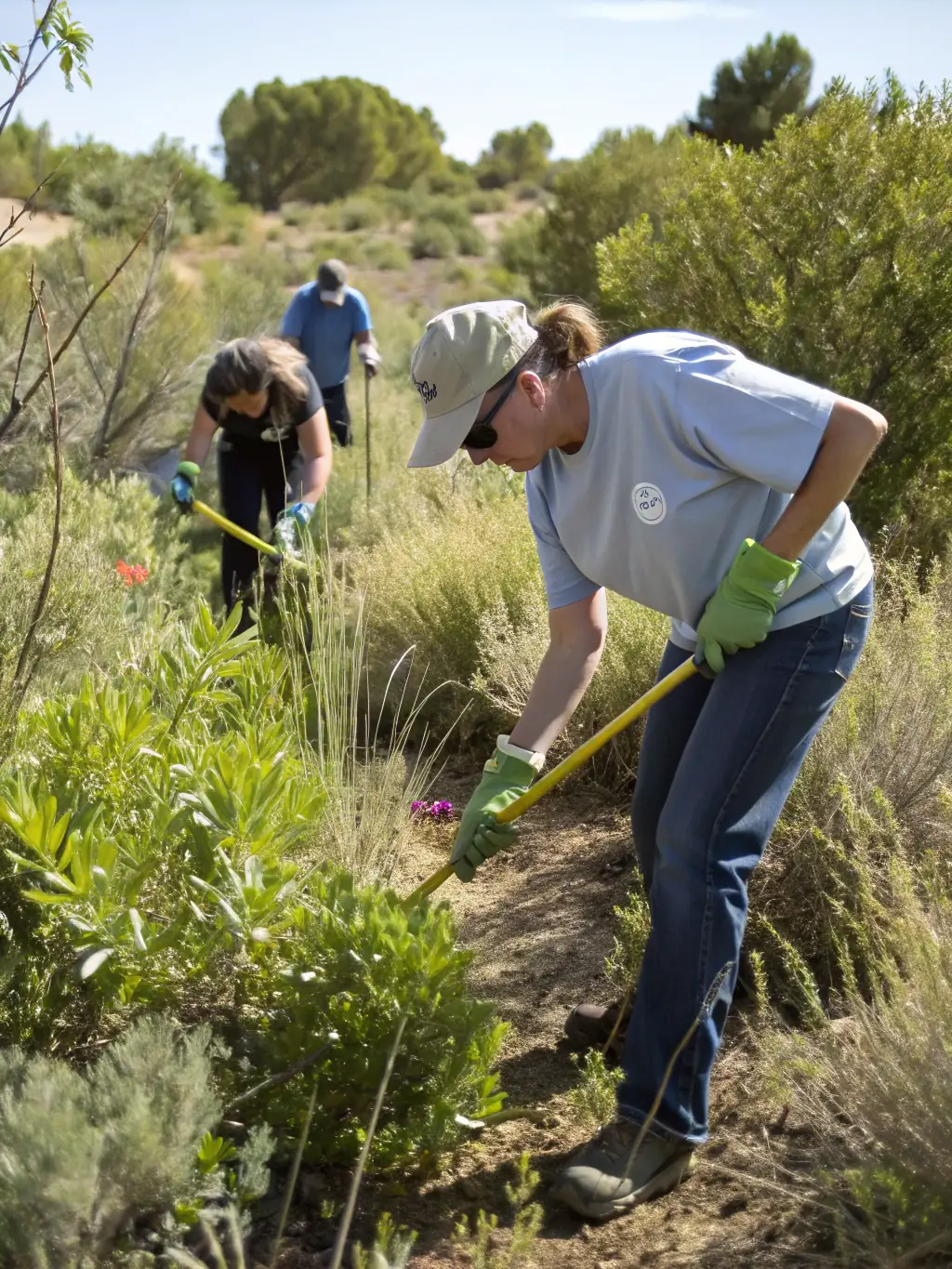 A group of volunteers planting native grasses in a salt marsh restoration project, focusing on hands-on conservation efforts.