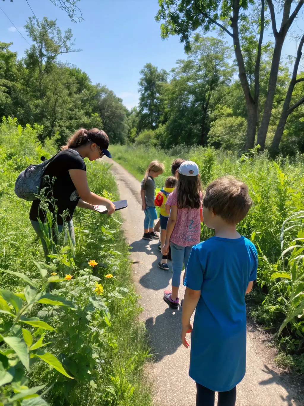 Children participating in an educational tour of the salt marsh, discovering the unique flora and fauna of the ecosystem.