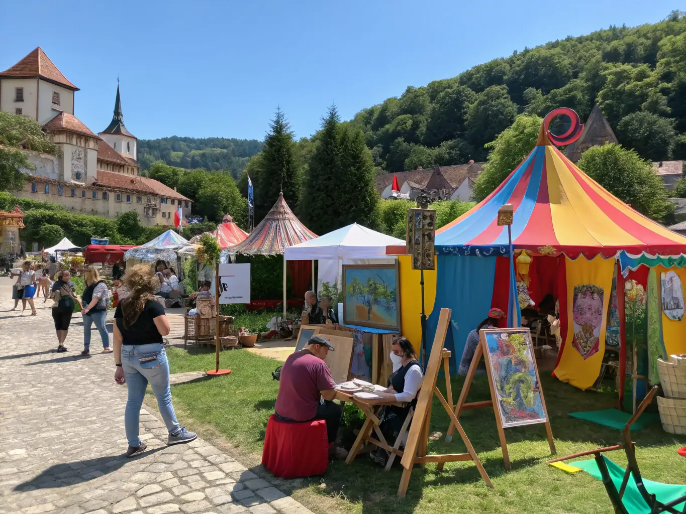 A lively festival scene with local artisans displaying crafts, traditional music performances, and families enjoying the event outdoors.